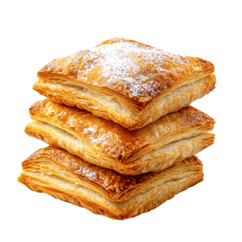 Stack of puff pastries with powdered sugar on a transparent background. Delicious homemade dessert. png