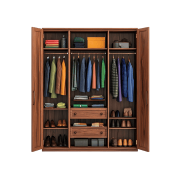 Open wooden wardrobe with clothes, shoes, and accessories. Concept of storage, organization, and interior design. png