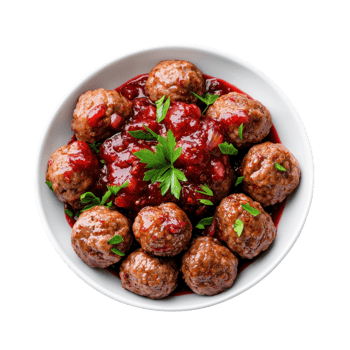 Delicious Swedish meatballs with cranberry sauce and parsley in a white bowl on a transparent background. Top view. png