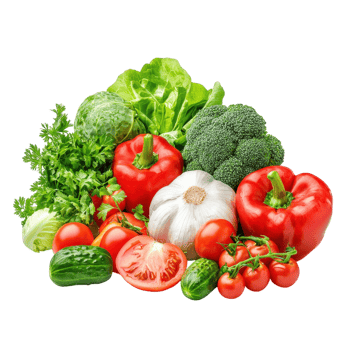 Fresh vegetables on a transparent background. Includes lettuce, broccoli, red peppers, tomatoes, garlic, parsley, and cucumbers. Healthy eating concept. png
