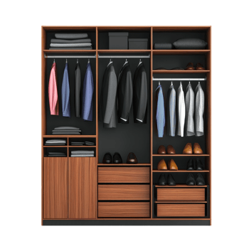 Modern wooden wardrobe with clothes, shoes, and accessories. Interior design and storage solutions concept. png