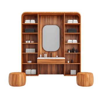 Modern bathroom vanity with wood shelves, mirror, sink, and stools. Interior design concept for home decor and bathroom renovation. png