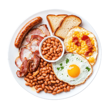 Full English breakfast with sausage, bacon, eggs, beans, and toast on a white plate. Traditional British breakfast. png