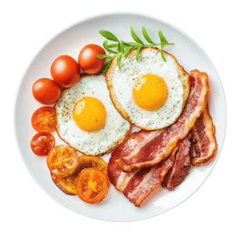 Classic breakfast with fried eggs, bacon, and tomatoes on a white plate. Top view. Concept of healthy eating and balanced diet. png