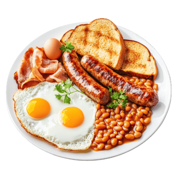 Full English breakfast with fried eggs, sausages, bacon, beans, and toast on a white plate. Traditional morning meal. png
