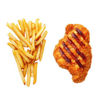Crispy fried chicken breast and french fries on a transparent background. Concept of fast food, unhealthy eating. png