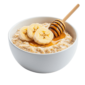 Bowl of oatmeal with banana slices and honey. Healthy breakfast concept. png