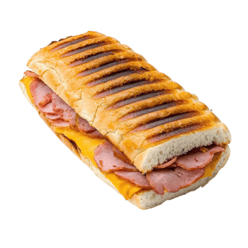 Grilled panini sandwich with ham and cheese on a transparent background. Delicious and appetizing fast food. png