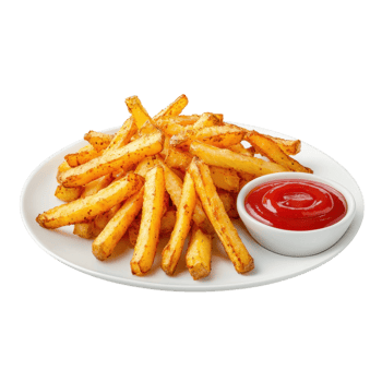 French fries with ketchup on a white plate against a transparent background. Concept of fast food, snack, and comfort food. png