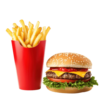 Classic cheeseburger with french fries on a transparent background. Concept of fast food, junk food, and unhealthy eating. png