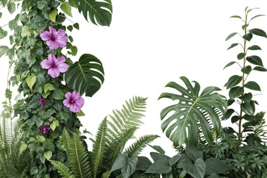 A vertical arrangement of climbing vines, monstera, ferns, and purple hibiscus blooms, bringing a sense of lush, vertical greenery png