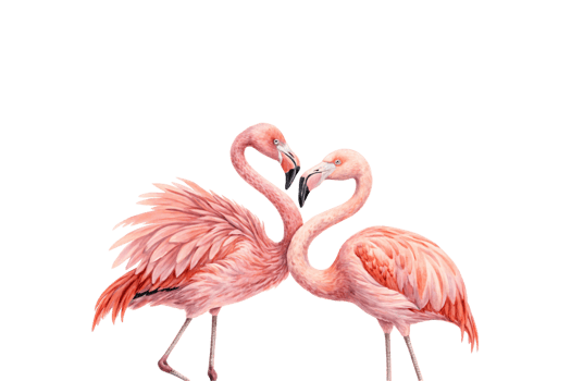 Two flamingos with vibrant pink feathers stand gracefully, their necks forming a subtle heart shape. Romantic and serene representation of nature png