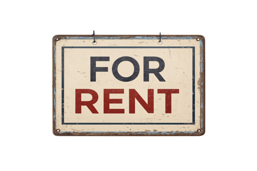 Vintage For Rent Sign An antique-style rectangular sign with a beige and red color scheme, featuring bold serif letters, bordered by a distressed metal frame png