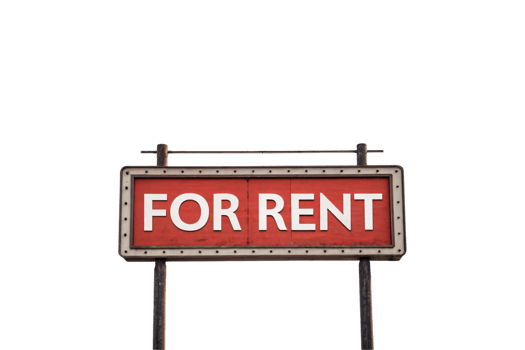 A weathered wooden sign with FOR RENT in white letters on a red background, bordered by rustic metal rivets png
