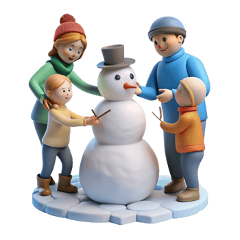 stunning classic Family Building Snowman in Winter Isolated authentic png