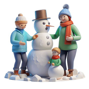 wonderful creative Family Building Snowman in Winter Isolated authentic png