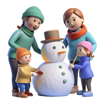 serene contemporary Family Building Snowman in Winter Isolated png