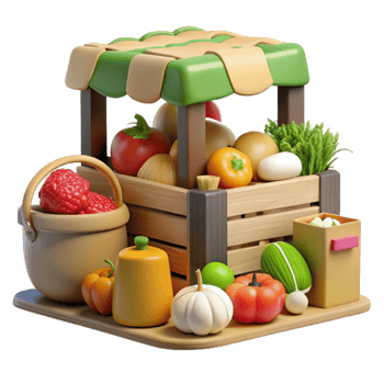 serene artistic Farmers Market Scene with Fresh Produce Cutout Element premium png