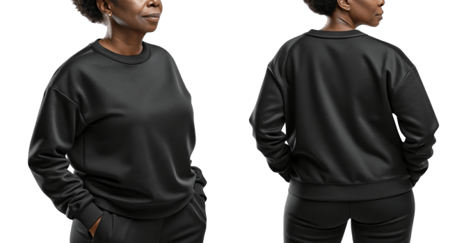 woman wearing black sweatshirt, showcasing casual style from front and back png