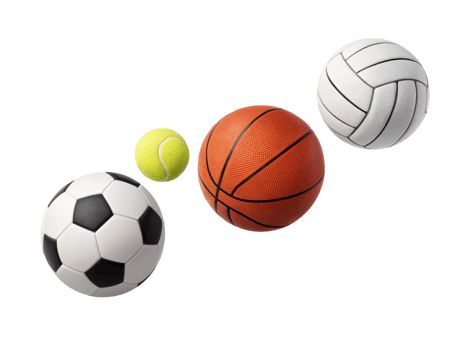 Sports balls including soccer, basketball, volleyball, and tennis, arranged in row png
