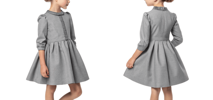Elegant gray dress for girls with puff sleeves and decorative neckline png