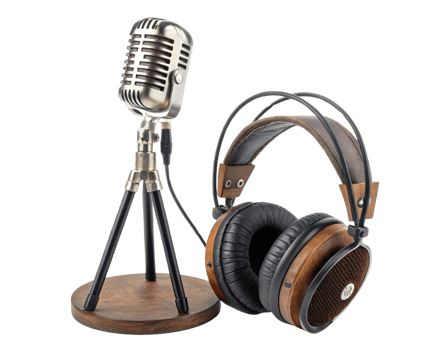 Vintage microphone and stylish headphones on wooden base png
