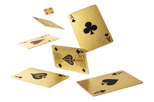 Golden playing cards floating in air, showcasing various designs and suits png