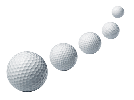 White golf balls in sequence, showcasing different sizes and perspectives png