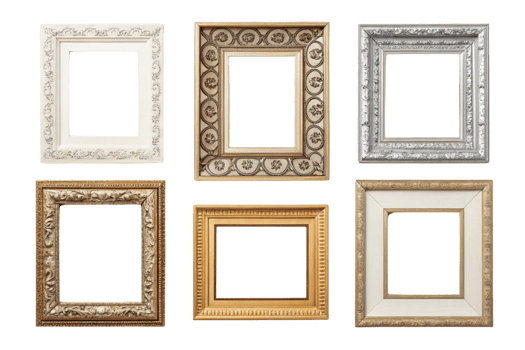 Elegant picture frames in various styles and colors, perfect for showcasing art png