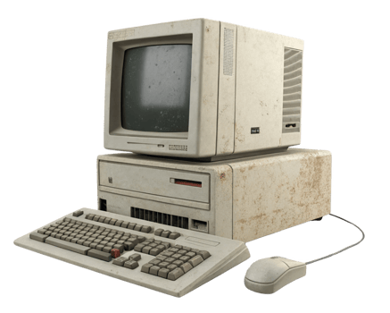 Old computer with monitor, keyboard, and mouse, showing vintage design and wear png
