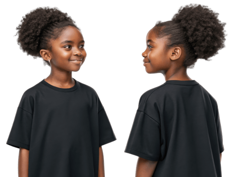 smiling girl with curly hair wearing black t shirt, facing forward and sideways, showcasing her joyful expression png