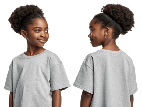 young girl with curly hair wearing gray t shirt, smiling joyfully png
