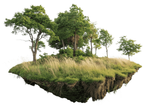 Lush green trees on floating island with tall grass and reflection png