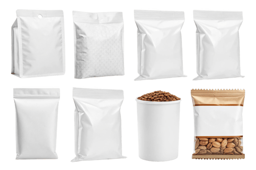 Empty packaging mockups for various products, including bags and cups, ideal for branding png