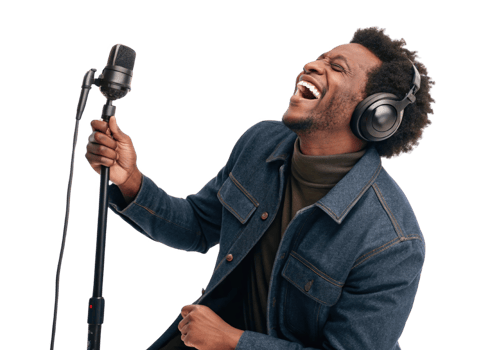 Singing man with microphone and headphones, expressing joy and passion png