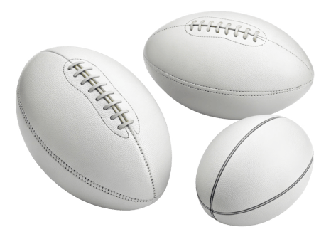 White rugby balls in various sizes, showcasing their unique shapes and textures png