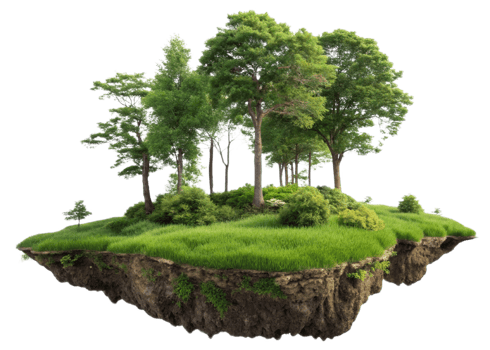 Lush green trees and grass on floating island create serene landscape png