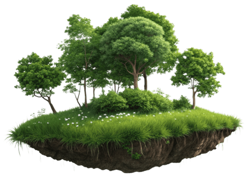 Lush green island with trees and grass, showcasing nature beauty and tranquility png