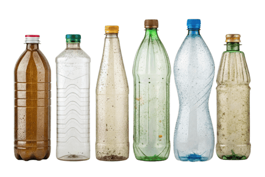Used plastic bottles in various colors and conditions, showcasing recycling potential png