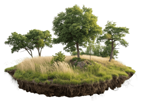 lush green island with trees and tall grass, creating serene natural scene png