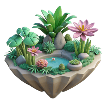 vibrant rustic Floating Garden with Exotic Plants Cutout Element premium png