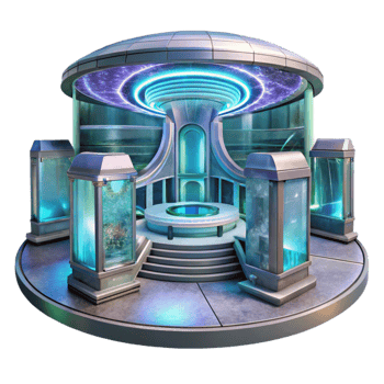 extraordinary traditional Futuristic Building Interior with Holographic Displays Transparent Background high resolution png