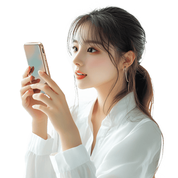 A woman holding a smartphone while looking at it png