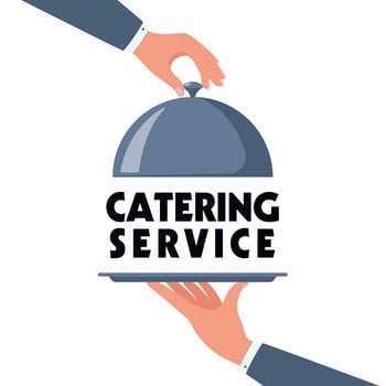 Waiter hands opening cloche lid cover revealing Catering service text on a tray. illustration vector
