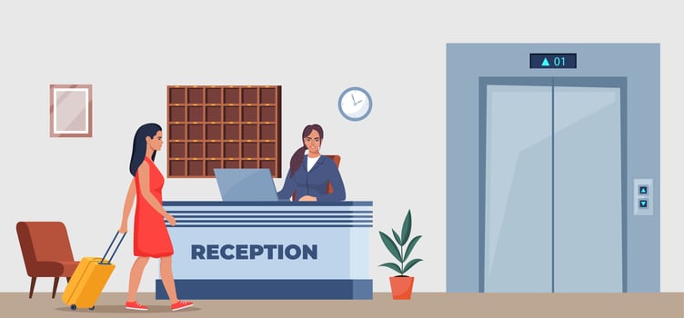 Hotel lobby, reception. Woman receptionist behind the desk, guest with baggage checking in. Hotel Arriving. Tourism, business trip concept. Interior of inn. vector