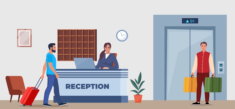 Hotel lobby, reception. Woman receptionist behind the desk, guest with baggage checking in. Bellboy dressed in red uniform with suitcases near the elevator. illustration. vector
