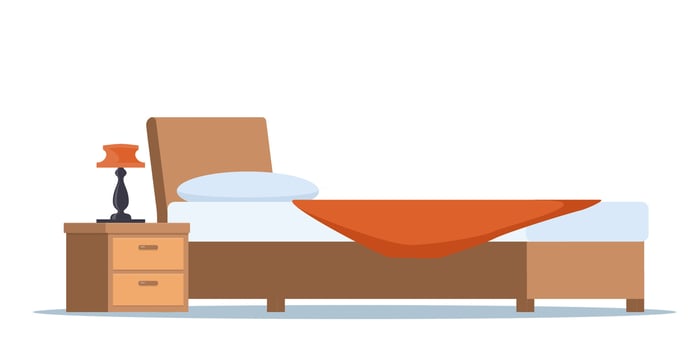 Wooden bed for one person with a pillow and a blanket in a flat style. Bed with bedding and bedside lamps. Modern furniture. illustration. vector