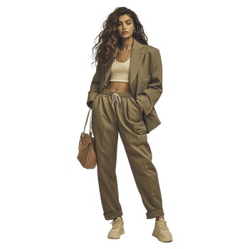 Trendy woman dressed in cropped shirt and pants png
