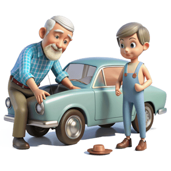 extraordinary modern Grandfather and Grandson Fixing Car Isolated original png