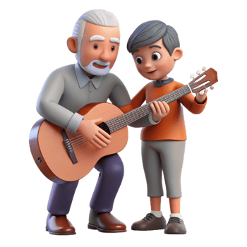 extraordinary creative Grandfather Teaching Grandson to Play Guitar Transparent Background authentic png
